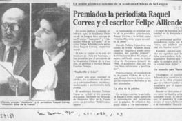 Premiados la periodista Raquel Correa y el escritor Felipe Alliende  [artículo].