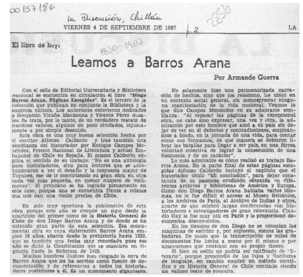 Leamos a Barros Arana  [artículo] Armando Guerra.