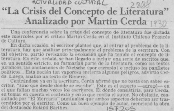 "La Crisis del concepto de literatura" analizado por Martín Cerda
