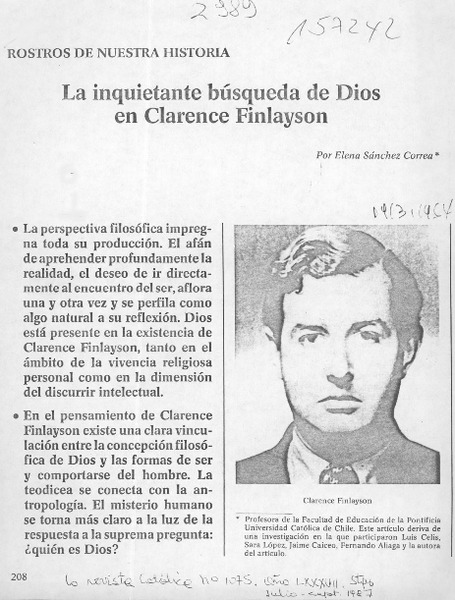 La inquietante búsqueda de Dios en Clarence Finlayson  [artículo] Elena Sánchez Correa.