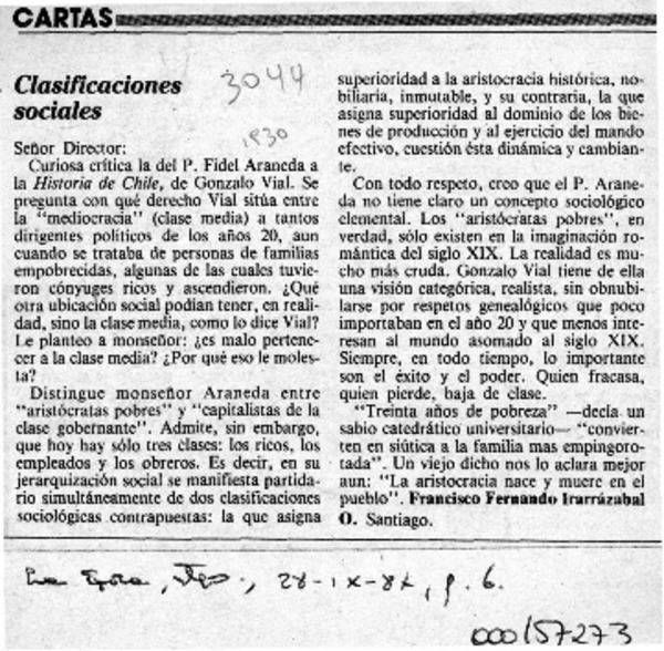 Clasificaciones sociales  [artículo] Francisco Fernando Irarrázabal O.