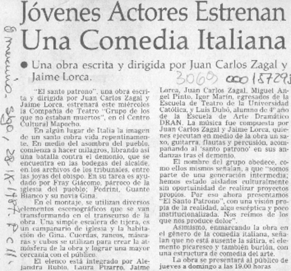 Jóvenes actores estrenan una comedia italiana  [artículo].