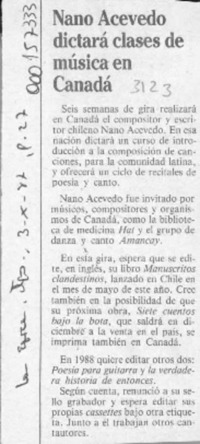 Nano Acevedo dictará clases de música en Canadá  [artículo].