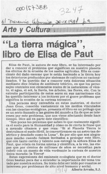 "La tierra mágica", libro de Elisa de Paut  [artículo] Alberto Arraño.