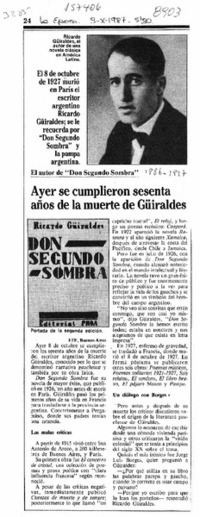 Ayer se cumplieron sesenta años de la muerte de Güiraldes  [artículo].