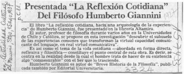 Presentada "La reflexión cotidiana" del filósofo Humberto Giannini  [artículo].