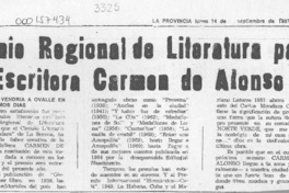 Premio Regional de Literatura para escritora Carmen de Alonso  [artículo].