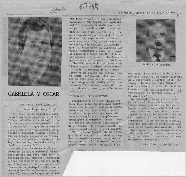 Gabriela y Oscar  [artículo] René Leiva Berríos.