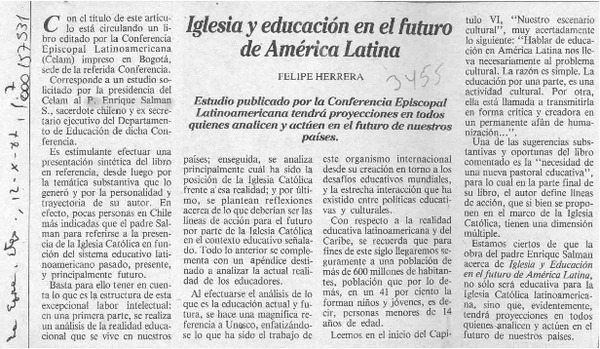 Iglesia y educación en el futuro de América Latina  [artículo] Felipe Herrera.