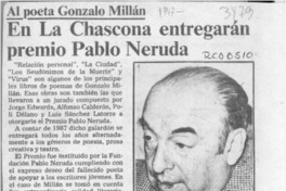 En La Chascona entregarán premio Pablo Neruda  [artículo].