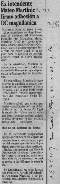 Ex intendente Mateo Martinic firmó adhesión a DC magallánica  [artículo] Rodrigo Araya.