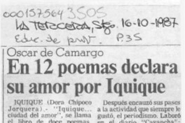 En 12 poemas declara su amor por Iquique  [artículo] Dora Chipoco Jorquera.