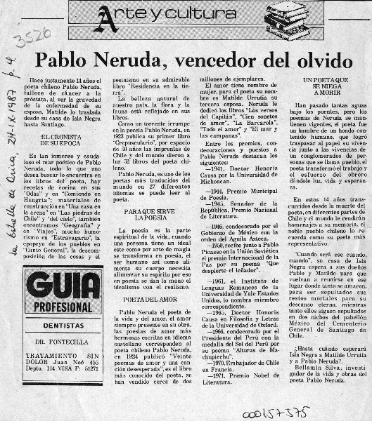 Pablo Neruda, vencedor del olvido  [artículo].