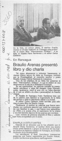 Braulio Arenas presentó libro y dio charla  [artículo].