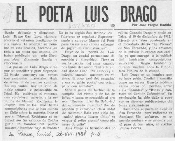 El poeta Luis Drago  [artículo] José Vargas Badilla.