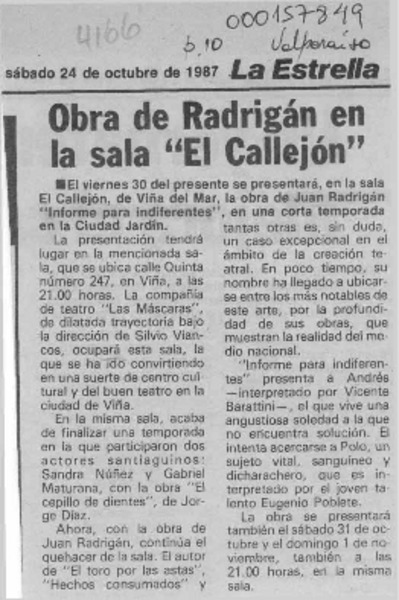 Obra de Radrigán en la sala "El Callejón"  [artículo].