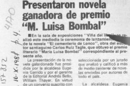 Presentaron novela ganadora de premio "M. Luisa Bombal"  [artículo].