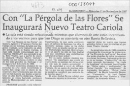 Con "La pérgola de las flores" se inaugurará nuevo teatro Cariola  [artículo].