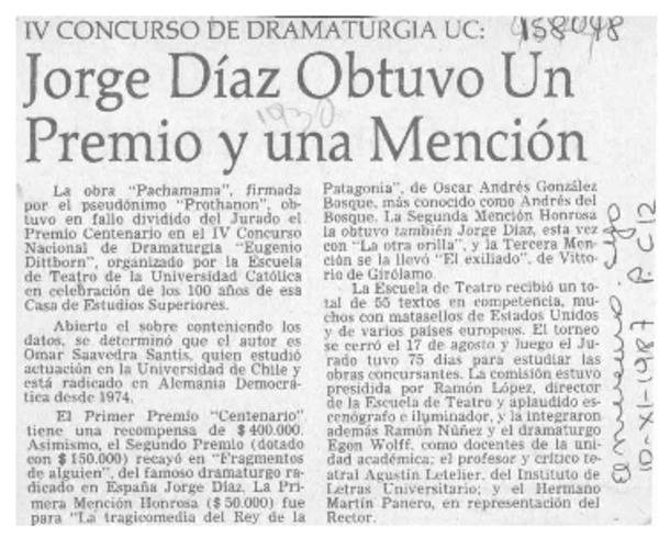 Jorge Díaz obtuvo un premio y una mención  [artículo].