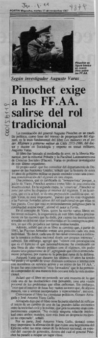 Pinochet exige a las FF. AA. salirse del rol tradicional  [artículo].