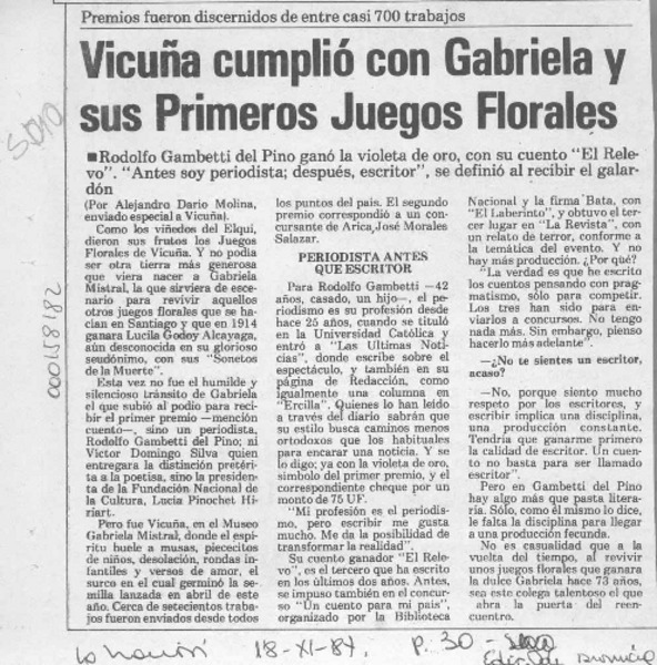 Vicuña cumplió con Gabriela y sus primeros juegos florales  [artículo] Alejandro Darío Molina.