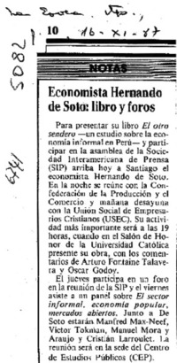 Economista Hernando de Soto, libro y foros  [artículo].