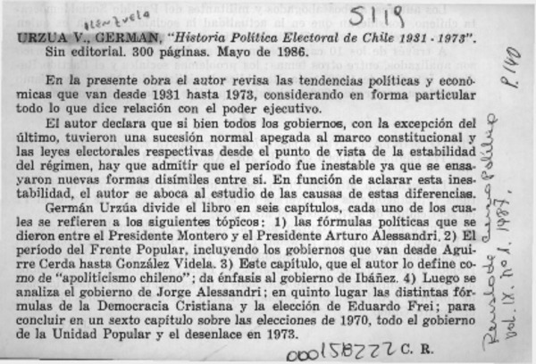 "Historia política electoral de Chile 1931-1973"  [artículo] C. R.