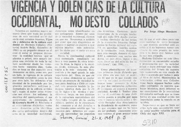 Vigencia y dolencias de la cultura occidental, Modesto Collados  [artículo] Jorge Aliaga Marchant.