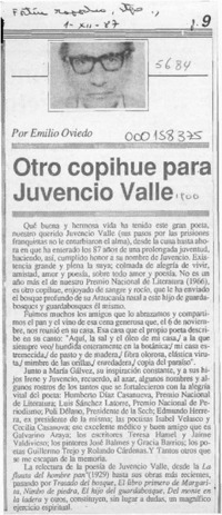 Otro copihue para Juvencio Valle  [artículo] Emilio Oviedo.