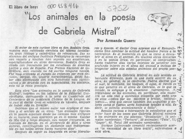 "Los animales en la poesía de Gabriela Mistral"  [artículo] Armando Guerra.