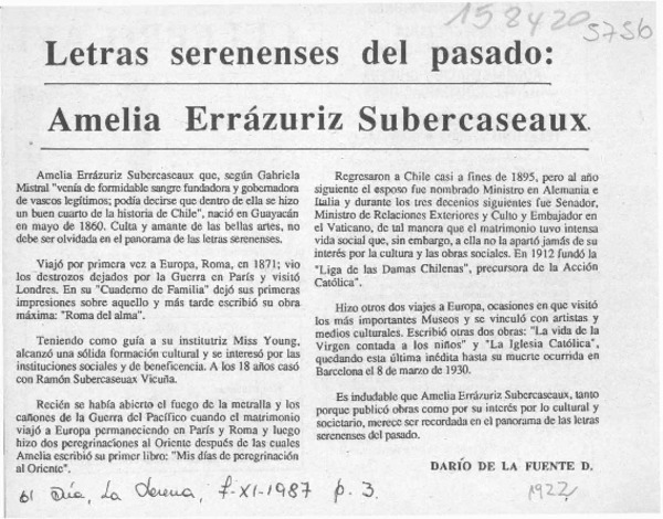 Letras serenenses del pasado, Amalia Errázuriz Subercaseaux  [artículo] Darío de la Fuente D.