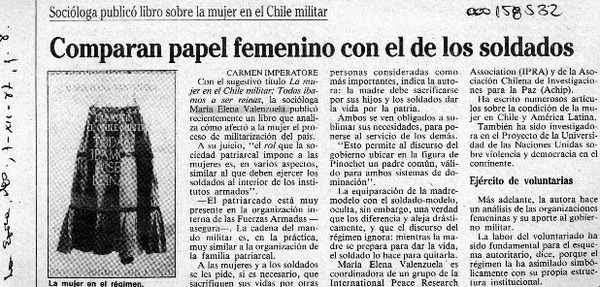 Comparan papel femenino con el de los soldados  [artículo] Carmen Imperatore.