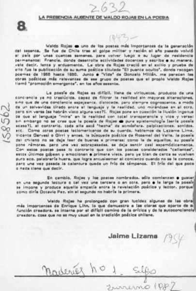 La presencia ausente de Waldo Rojas en la poesía  [artículo] Jaime Lizama.