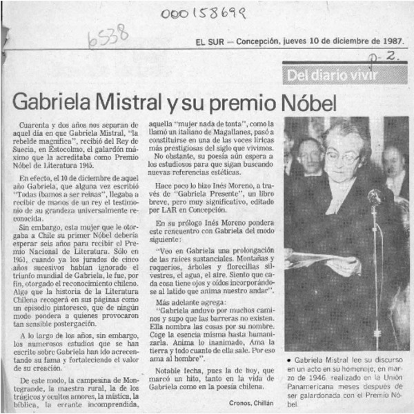 Gabriela Mistral y su premio Nóbel  [artículo] Cronos.