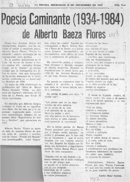Poesía caminante (1934-1984) de Alberto Baeza Flores  [artículo] Carlos René Correa.