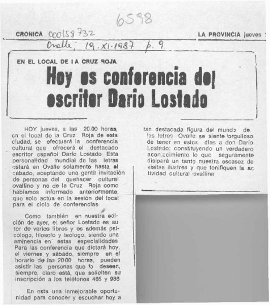 Hoy es conferencia del escritor Darío Lostado