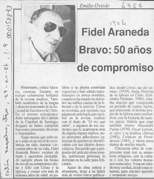 Fidel Araneda Bravo, 50 años de compromiso  [artículo] Emilio Oviedo.