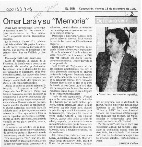 Omar Lara y su "Memoria"  [artículo] Cronos.