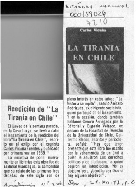 Reedición de "La tiranía en Chile"  [artículo].