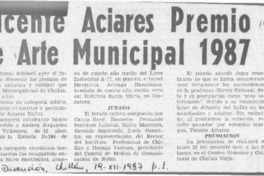 Vicente Aciares Premio de Arte Municipal 1987  [artículo].