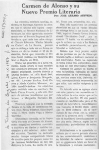 Carmen de Alonso y su nuevo galardón literario  [artículo] José Arraño Acevedo.