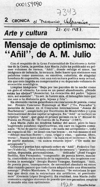 Mensaje de optimismo, "Añil", de A. M. Julio  [artículo] Claudio Solar.