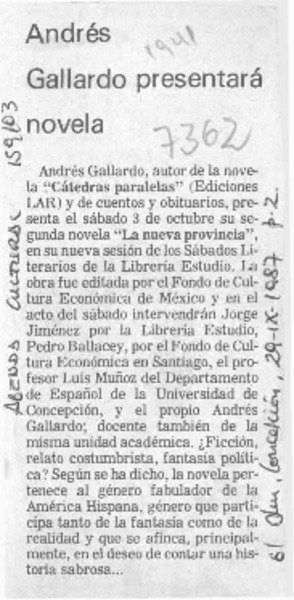 Andrés Gallardo presentará novela  [artículo].