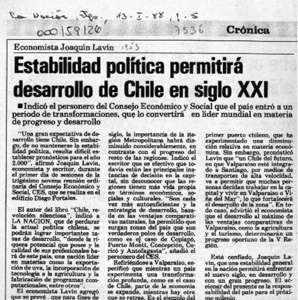 Estabilidad política permitirá desarrollo de Chile en siglo XXI  [artículo].