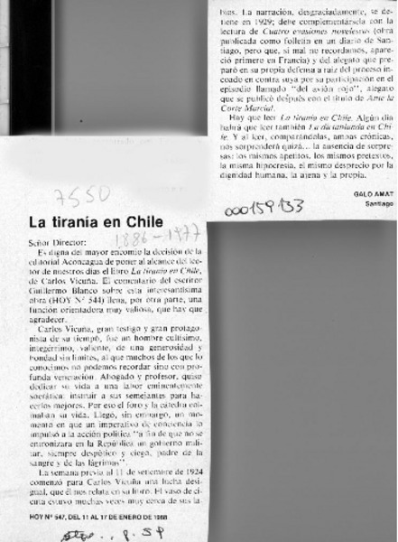 La tiranía en Chile  [artículo] Galo Amat.