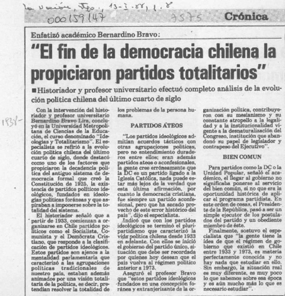 "El Fin de la democracia chilena la propiciaron partidos totalitarios"  [artículo].