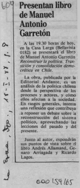 Presentan libro de Manuel Antonio Garretón  [artículo].