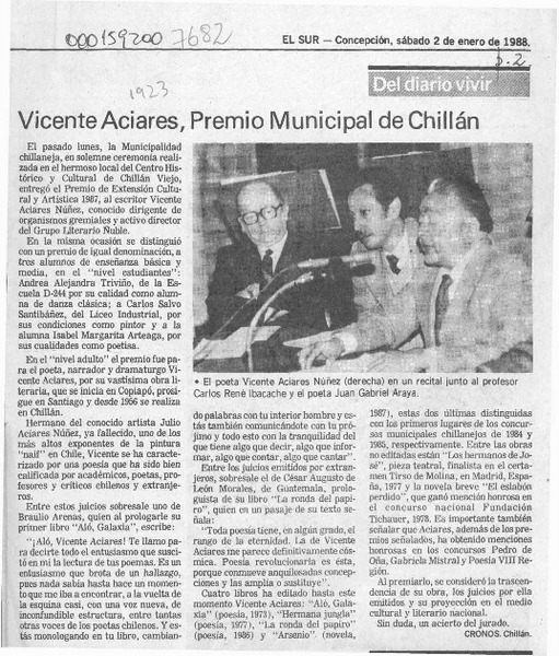 Vicente Aciares, Premio Municipal de Chillán  [artículo] Cronos.