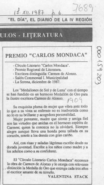 Premio "Carlos Mondaca"  [artículo] Valentina Stack.