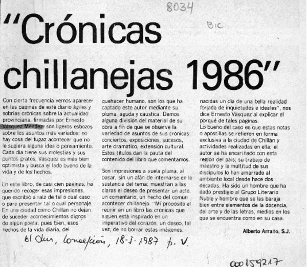 "Las crónicas chillanejas"  [artículo] Alberto Arraño.